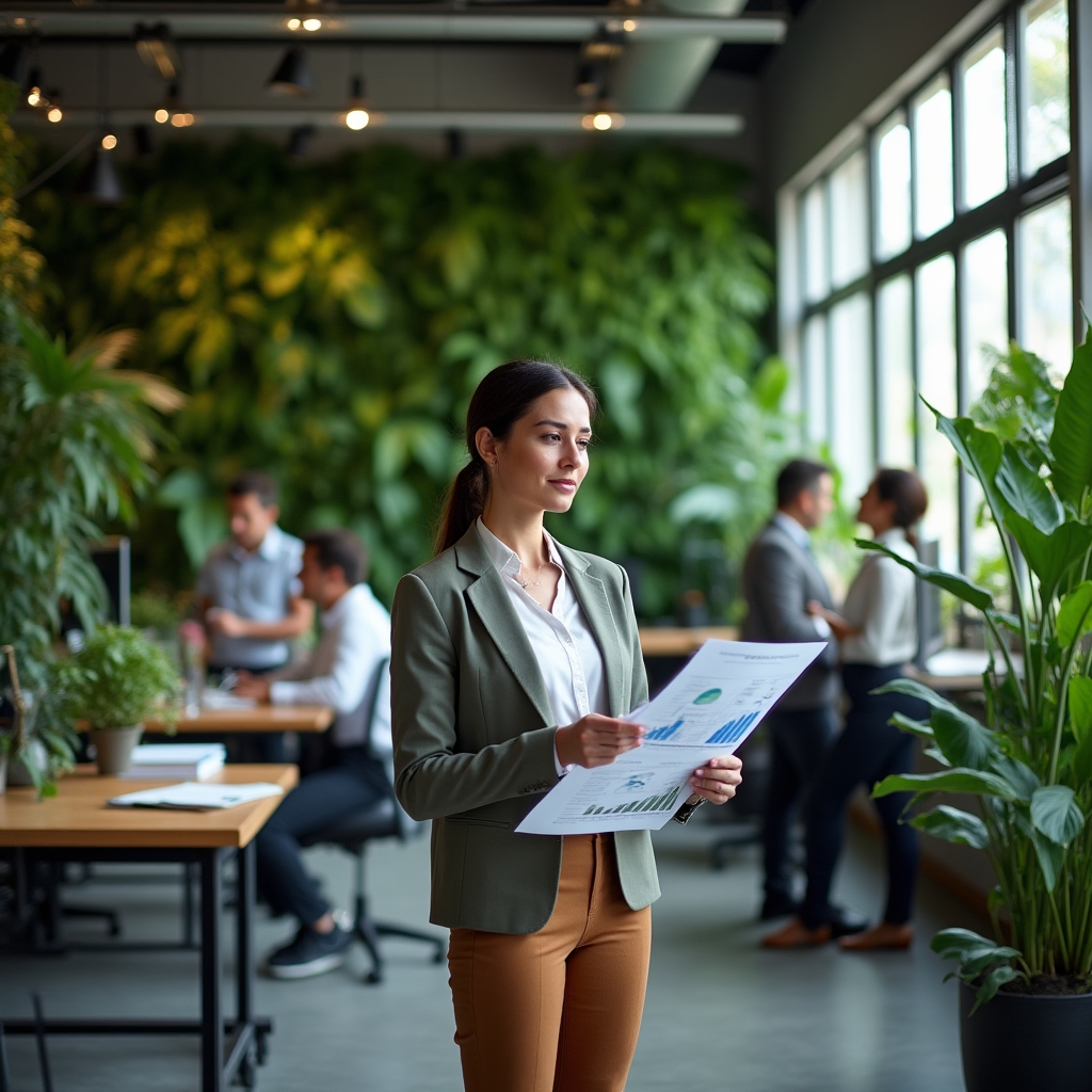 Modern financial education environment with charts and documents in a contemporary Argentine office