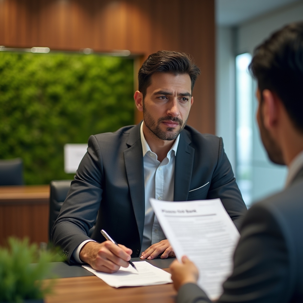 Person reviewing fixed-term deposit documents at a bank desk in Buenos Aires