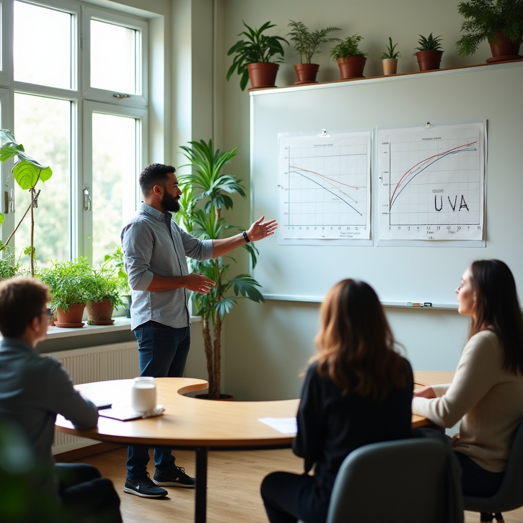 Economics educator explaining inflation-linked bonds on a whiteboard to a small group in a bright educational space