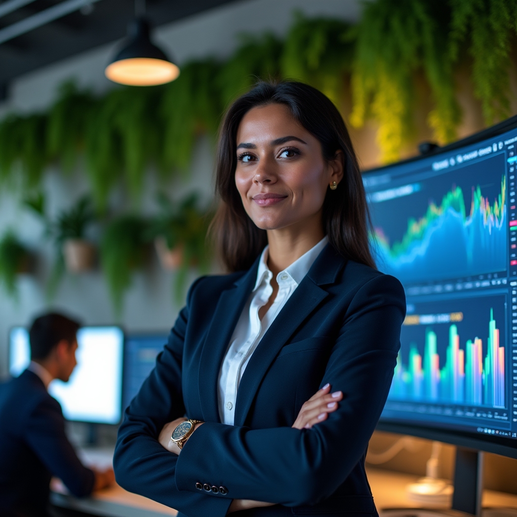 Financial analyst studying mutual fund performance charts on a monitor in a modern Argentine office