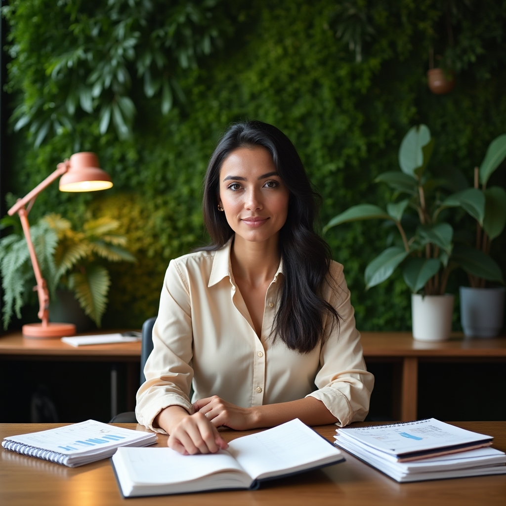 Female economist and researcher reviewing financial documents in a green-walled office space