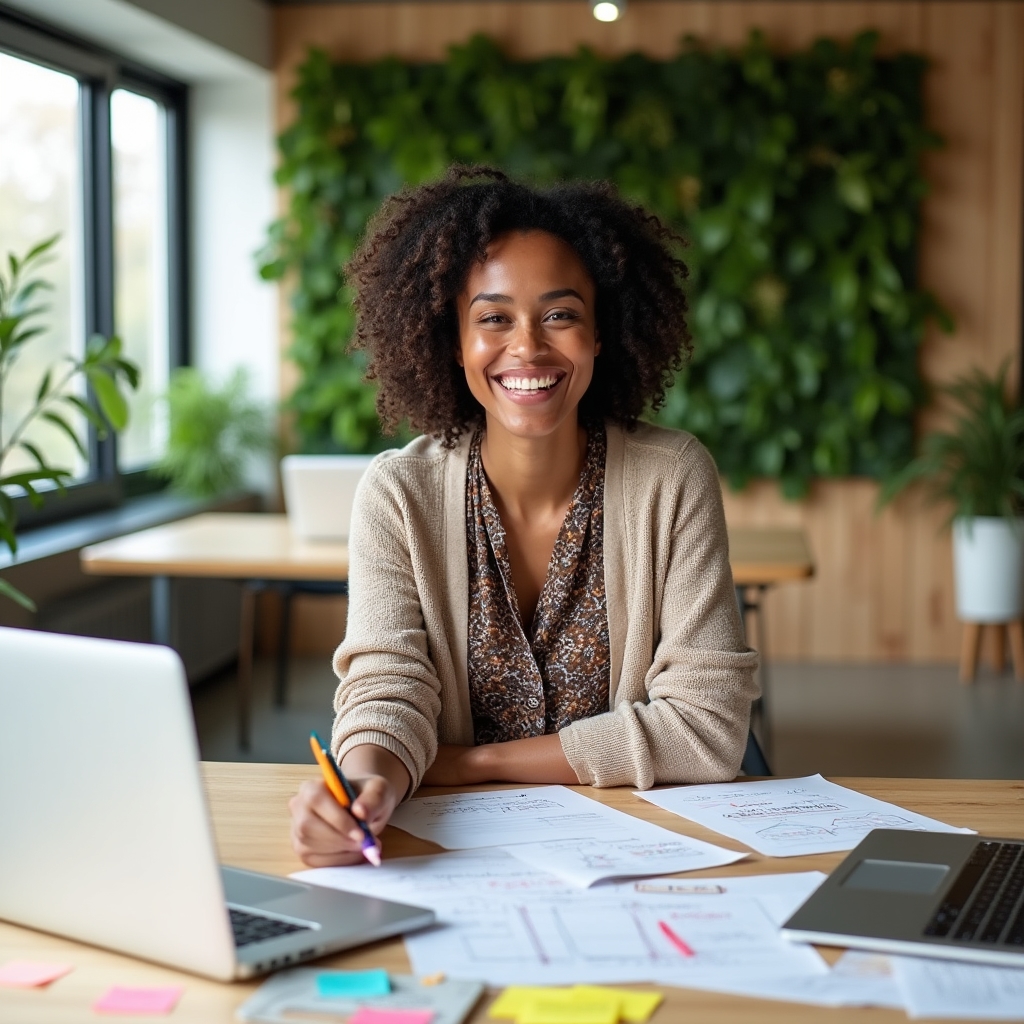 Female education specialist and instructional designer working on curriculum materials in a bright collaborative office