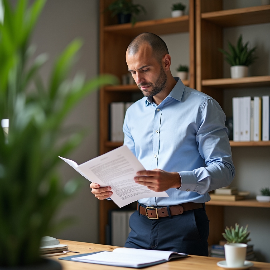 Male legal analyst reviewing regulatory documents at a standing desk surrounded by natural plants