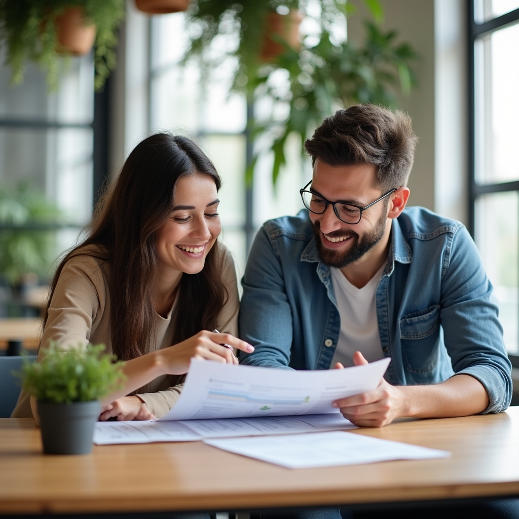 Dos jóvenes de unos veinticinco años estudiando documentos financieros juntos en un escritorio moderno con plantas cercanas
